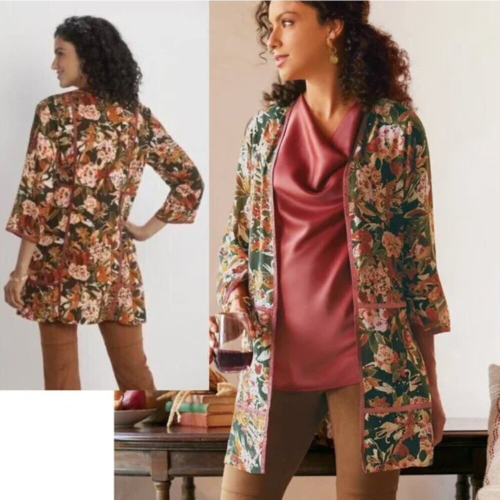 Soft Surroundings Kimono Cardigan Open Front Long Sleeve Floral Green New Medium